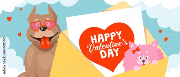 Obraz Funny pitbull dogs in heart-shaped sunglasses and a small spitz in an envelope with a valentine card. Cartoon vector illustration