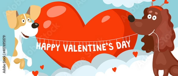Obraz Two cute funny dogs spaniel and jack russell terrier hold a garland in their teeth with the inscription Happy Valentine's Day. Cartoon vector card or banner