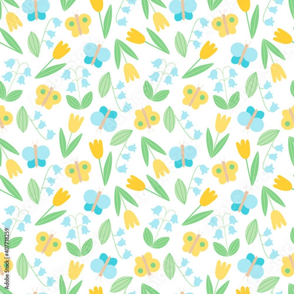 Fototapeta Seamless vector pattern on a spring theme. Bright floral background. Digital ornament with lilies of the valley, tulips and butterflies for wrapping paper, fabrics, web design, decoration, postcards.