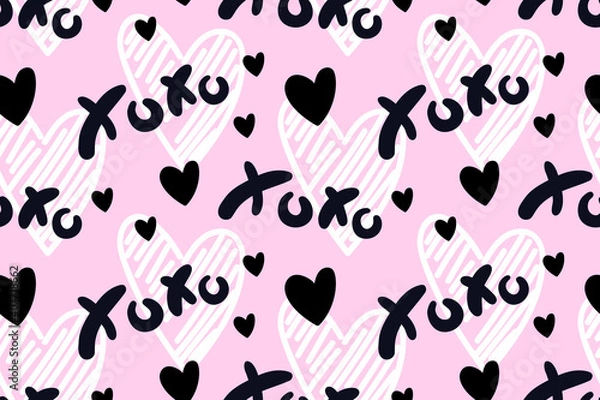 Fototapeta Vector abstract seamless XOXO pattern. Pastel violet background with white, black hearts and letters. Trendy print design for textile, wrapping paper, wedding backdrops, Valentine's Day concepts etc.