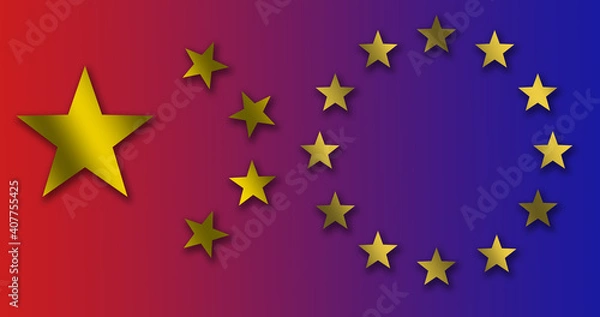 Fototapeta The Turkish flag logo of a white crescent and star with the circle of gold stars of the European Union flag on a red and blue background