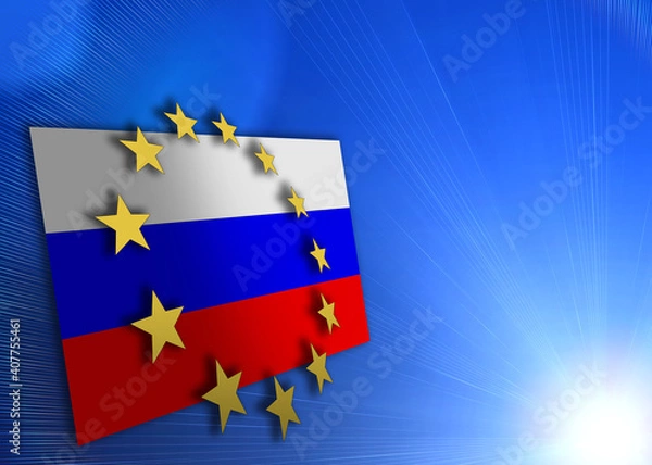 Fototapeta EU circle of gold stars over the Russian flag, on a dark blue background with an empty area