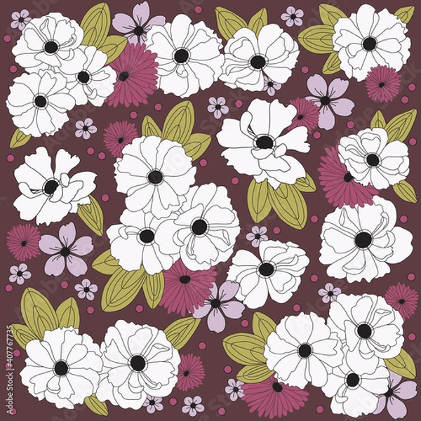 Fototapeta beautiful art illustration with colorful floral pattern on burgundy background for fabric design