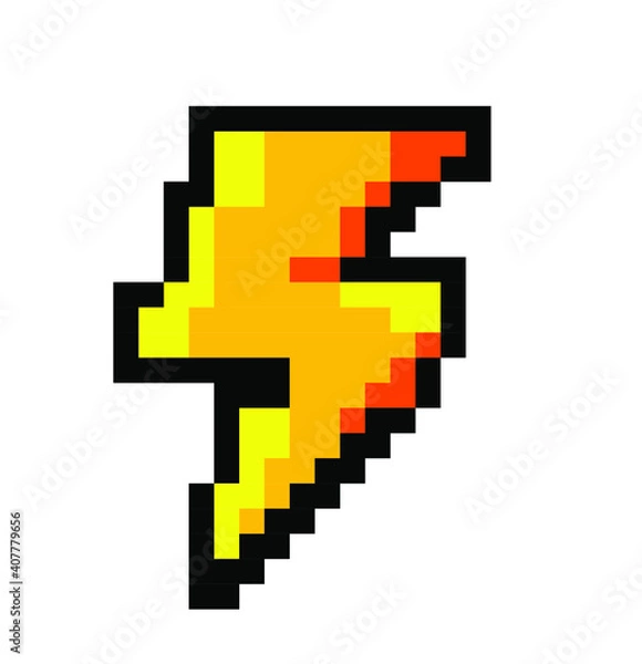 Fototapeta Lightning bolt icon in pixel art style like in old video games of 80's-90's. Symbol of thunderbolt, High Voltage icon.