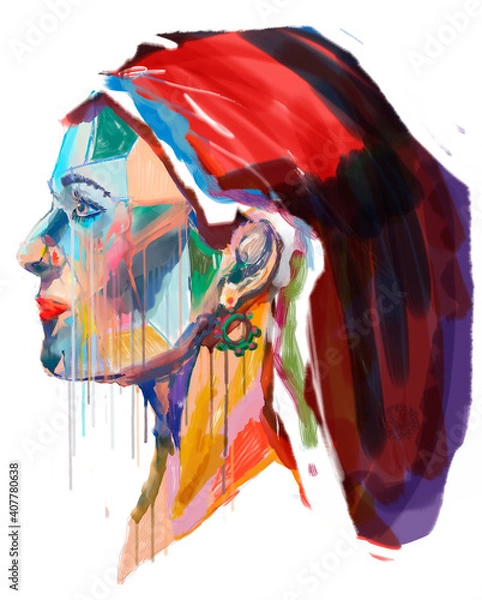Obraz Hand drawing abstract girl face in abstract style.Face line art , Face painting ,Contemporary portrait . Watercolor sketch
