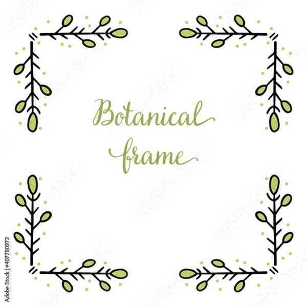 Fototapeta Square frame for text decoration in doodle style. Natural style, branches, plants, flowers. Black outline with colored accents on a white background.