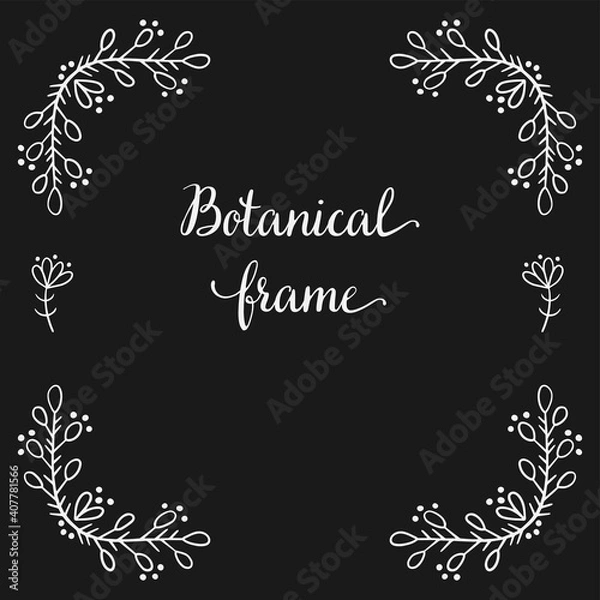 Fototapeta Square frame for text decoration in doodle style. Natural style, branches, plants, flowers. White chalk outline on a black background.