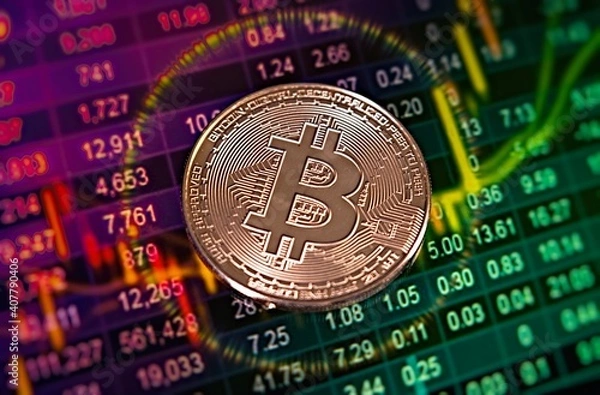 Fototapeta Bitcoin Cryptocurrency Digital Bit Coin BTC Currency Technology Business Internet Concept