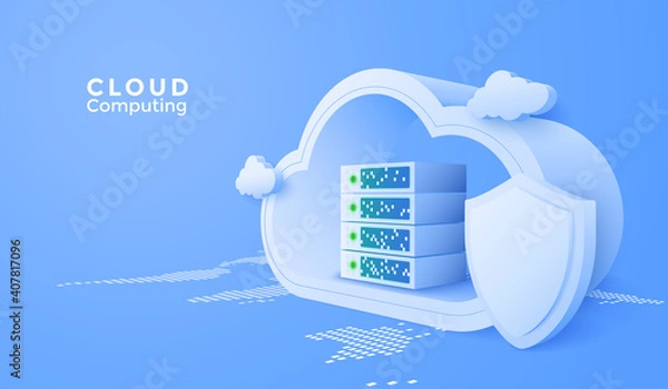 Obraz 3D Cloud computing online service. Digital technology security background. Vector art illustration