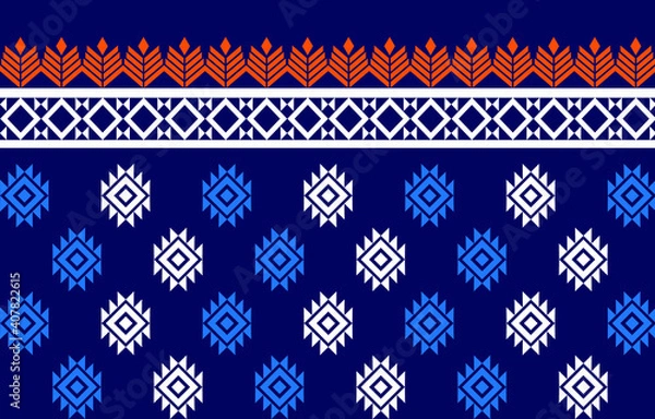 Fototapeta set of seamless patterns, Dark Blue Black Background There are white and light blue geometric patterns. And orange flowers on top.