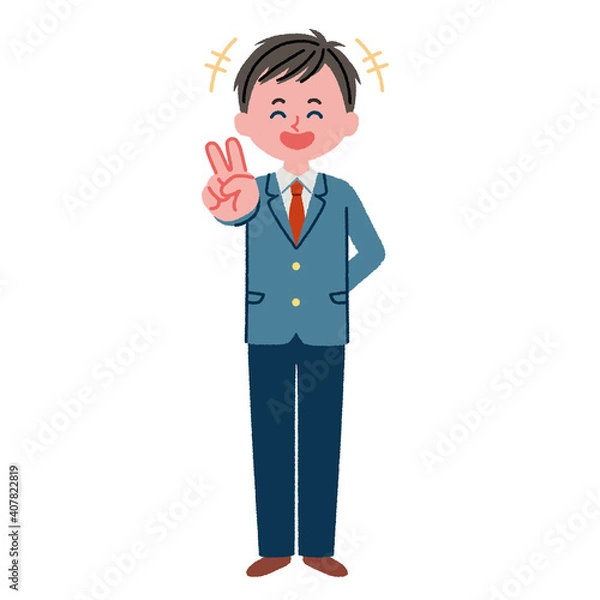 Fototapeta ピースをしている男子高校生のイラスト素材(全身)