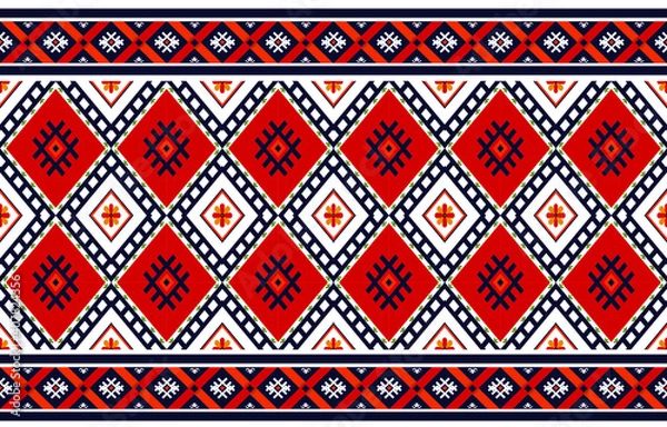 Fototapeta Geometric set of pattern Clear red, blue, white background, small flower pattern Designed with lines and triangles, diamond patterns.