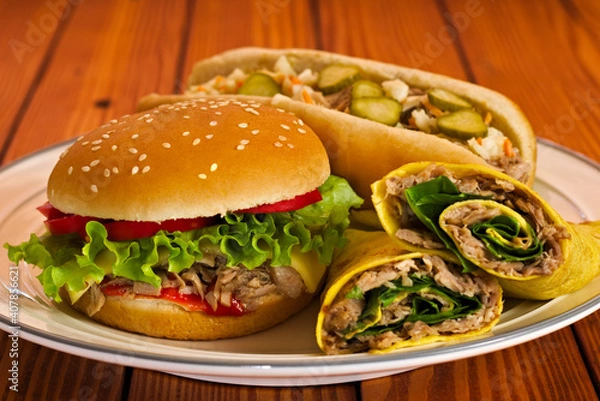 Fototapeta Pulled turkey drumsticks meat in a burger bun, a hotdog bun and a crepe, garnished with various fresh and pickled vegetable. 