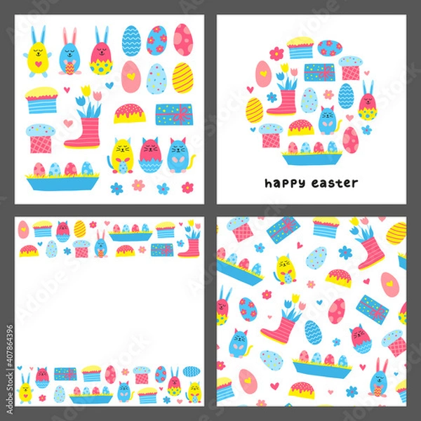 Obraz Set of cards with colorful doodle decorative Easter icons isolated on grey background. Composition, poster and seamless pattern.