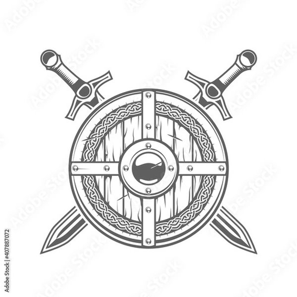Obraz Round viking shield with celtic pattern and two crossed swords, medieval knight emblem with armor, vector