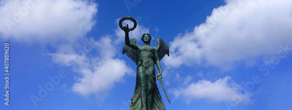 Obraz Ultra wide photo from famous National Resistance Monument statue in port of Syros island, Ermoupoli, Cyclades, Greece