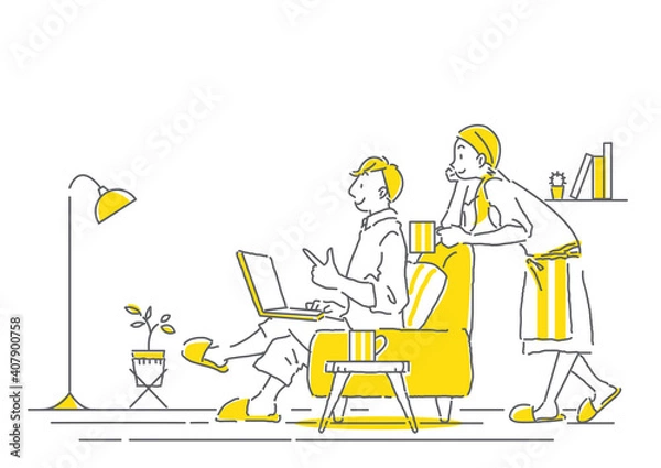 Fototapeta おしゃれなリビングで一緒にパソコン画面を見るカップルのナチュラルでシンプルな手描きの線画イラスト