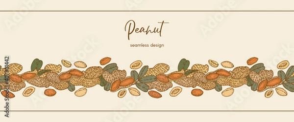 Fototapeta Border frame with Peanut, nuts and leaves. Graphic hand drawn engraving style. Botanical illustration for packaging, menu cards, posters, prints.