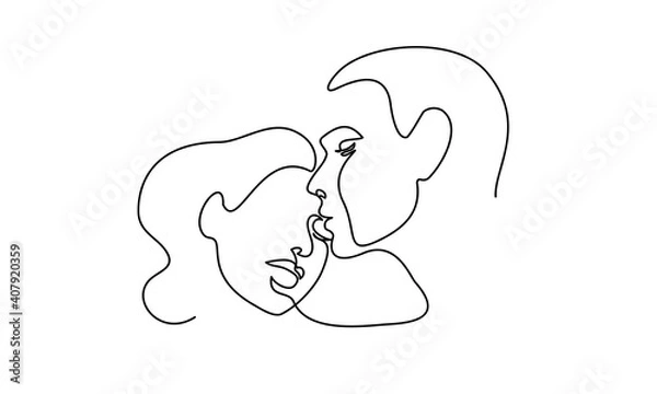 Fototapeta Portrait of couple man and woman in love kissing. Continuous One Line