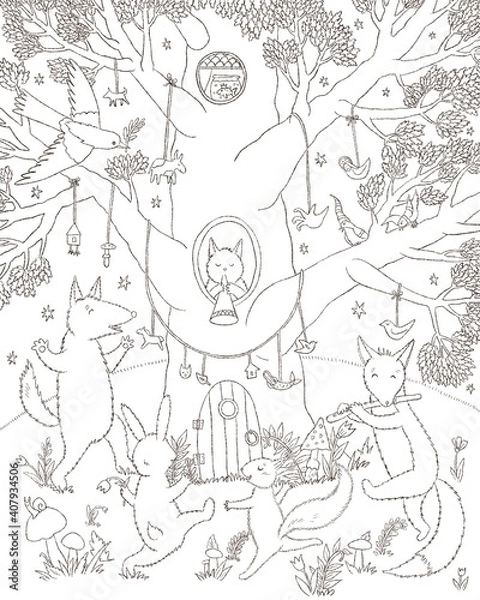 Obraz The wolf, hare, fox, squirrel and cat dance and play musical instruments in the forest. Coloring. Black and white digital illustration. Cute illustration for the decor and design of posters, postcards