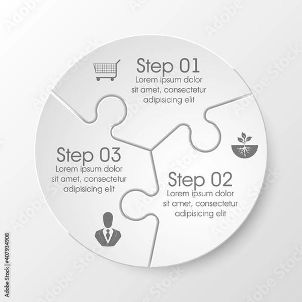 Obraz Three sided 3d puzzle presentation infographic template with explanatory text field for business statistics