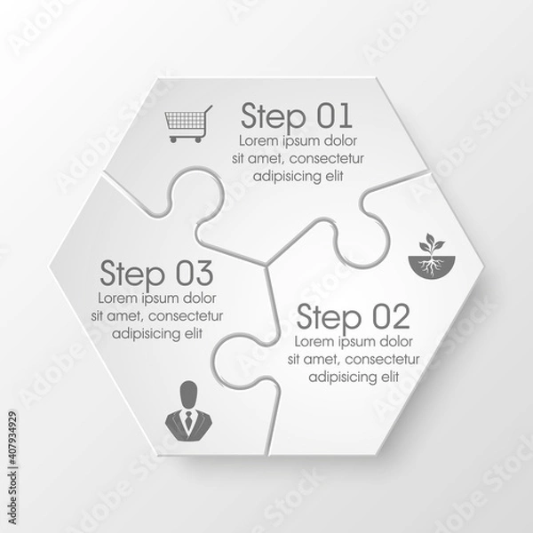 Obraz Three sided 3d puzzle presentation infographic template with explanatory text field for business statistics