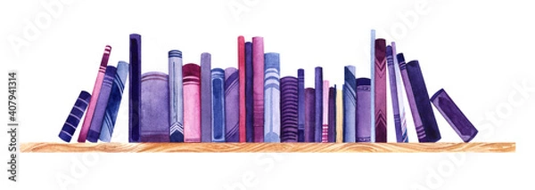 Fototapeta Watercolor image of bookshelf full of books with colorful covers isolated on white background. Row of books on wooden shelf. Books spines of blue, purple and pink colors