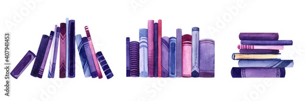 Fototapeta Watercolor set of decorative elements. Piles of books on white background. Colorful book spines. Hand drawn illustration of books leaning on each other, stacked books and orderly row of books