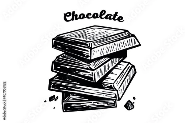 Fototapeta Chocolate pieces vector on a white background in a hand-drawn style. Slices of chocolate illustration