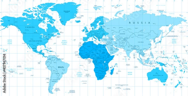 Fototapeta Detailed World map blue colors isolated on white