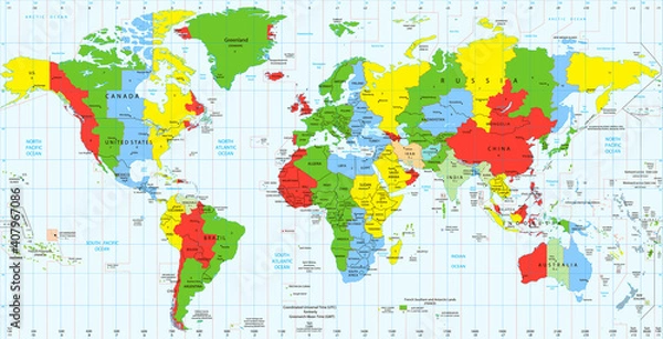 Fototapeta Detailed World map standard time zones