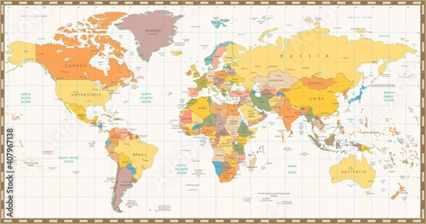 Fototapeta Old retro color political World map