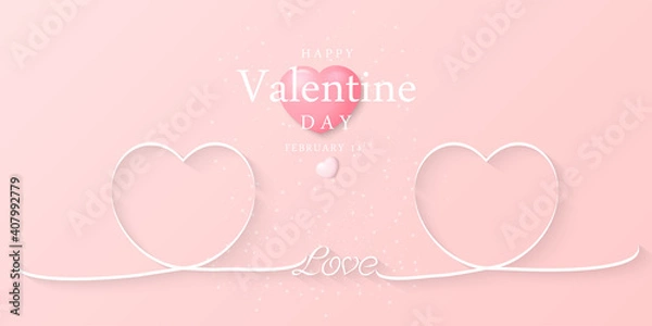 Obraz  Happy Valentine Day.Greeting card pink background with white ribbon hearts shape.