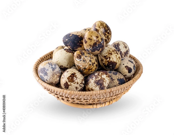 Fototapeta quail eggs in basket an isolated on a white background
