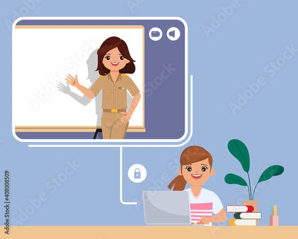 Fototapeta Student studying at home. Online school education with internet wifi concept.	