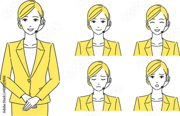 Fototapeta ヘッドセットを身につけたスーツ姿の女性のイラスト シンプルタッチ