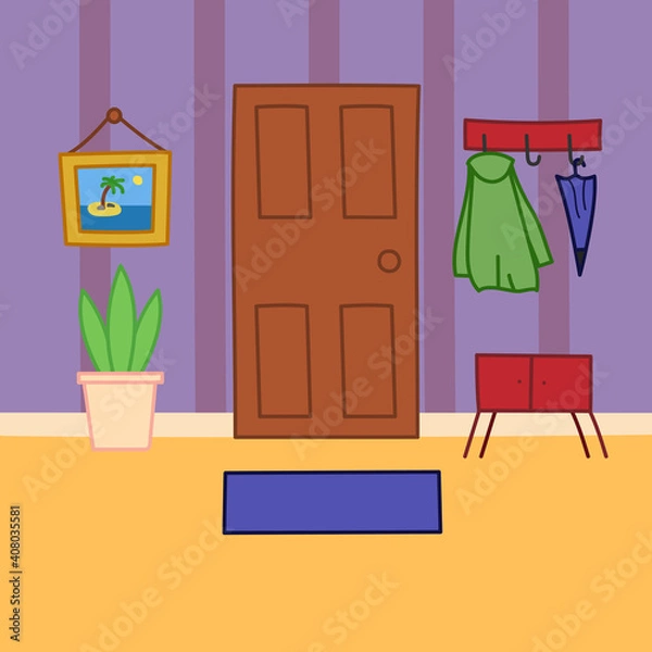 Fototapeta Cartoon style interior. Hallway, hand-drawn in a flat design. Door, hanger, coat, nightstand, umbrella, rug, flower pot. Vector stock illustration.