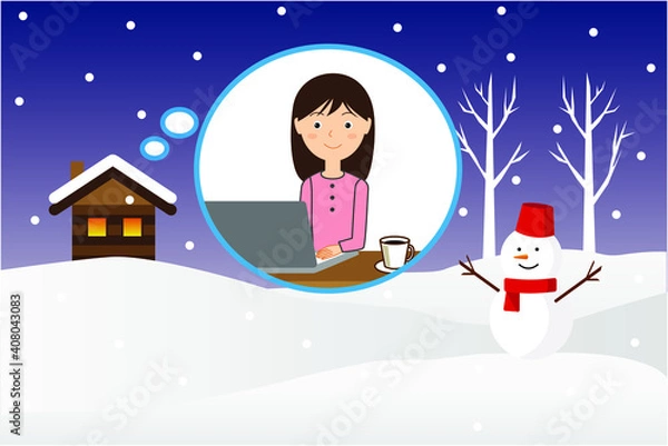 Fototapeta 寒い冬に屋内で暖かく過ごす女性のイラスト