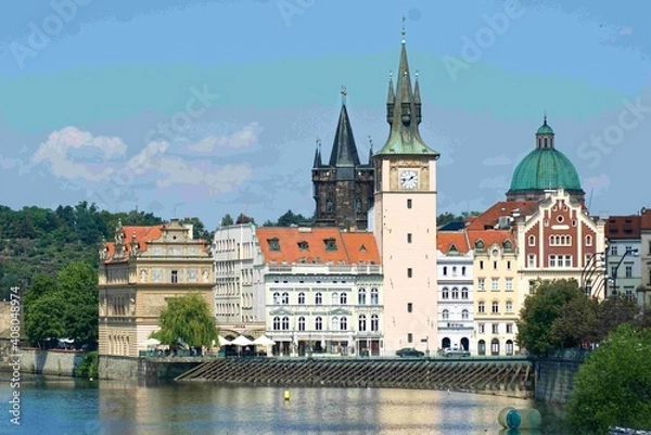 Obraz Footbridge of Novotny (Lávka Novotného). It is the Bedrich Smetana Museum, Charles' Spa (Karlovy lázně), and the Club of Technicians. The Vltava River flows under the footbridge.