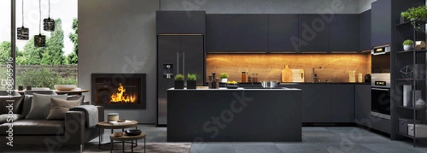 Fototapeta Beautiful open plan matte black kitchen and dining area with fireplace