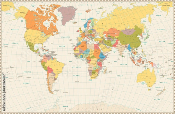 Fototapeta Detailed retro political World Map