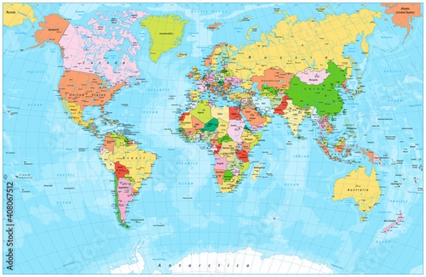 Fototapeta Detailed political world map with capitals, rivers and lakes