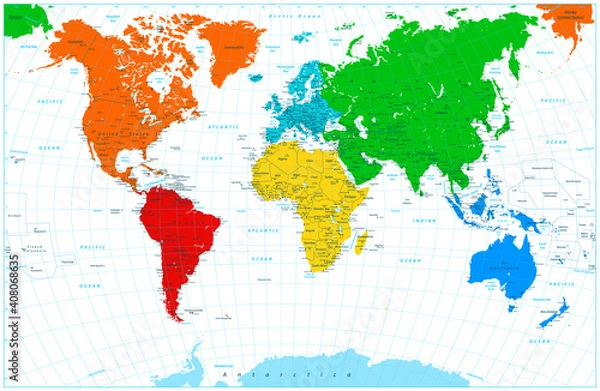 Fototapeta World map with colorful continents