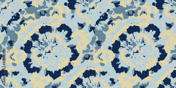 Fototapeta Vector Tie and Dye Seamless. Ethnic Print. Floral Psychedelic Ornament. Beige Tonal Borders. Graphic Texture. Indigo Tie Dye Tile. Watercolor Bohemian Tile. Bleach Effect.