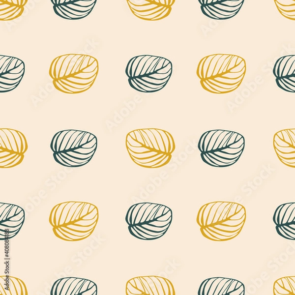 Fototapeta Seamless pattern of yellow and green leaves on a pink background. Autumn template for printing on textiles, fabric, bedding, wrapping paper, covers, wallpaper. 
