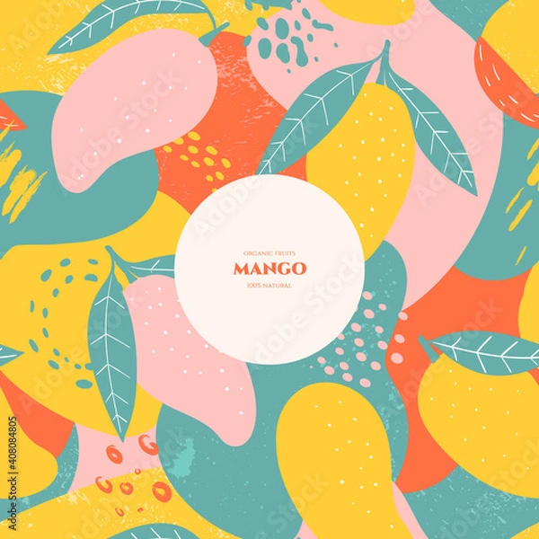 Fototapeta  Doodle mango and abstract elements. Vector seamless pattern. Hand drawn illustrations.