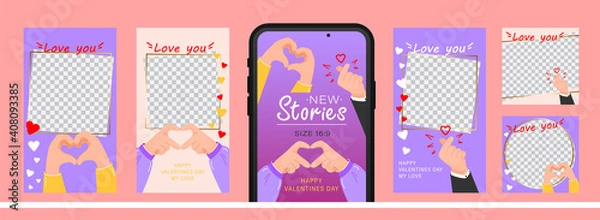 Fototapeta Set of design for stories with I love you heart sign. Editable template for social networks stories. For create trendy stories with message of love using hand gestures.