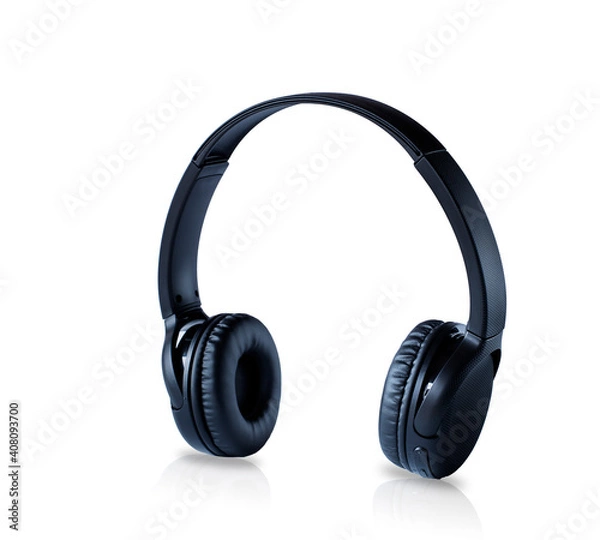 Fototapeta Wireless black headphones isolated on white, image with reflection