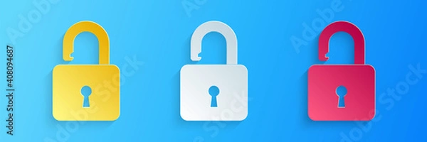 Obraz Paper cut Open padlock icon isolated on blue background. Opened lock sign. Cyber security concept. Digital data protection. Safety safety. Paper art style. Vector.