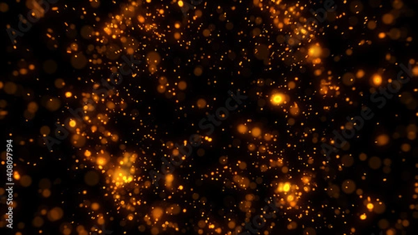 Fototapeta Red or orange glowing light glitter background effect. Fire sparkling magic star dust sparks light effect in explosion in the night sky background.